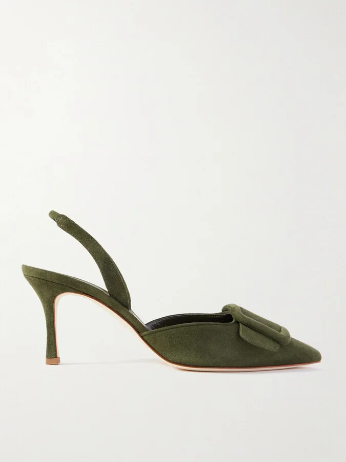 Manolo Blahnik - Maysli 70 Buckled Suede Slingback Pumps - Green