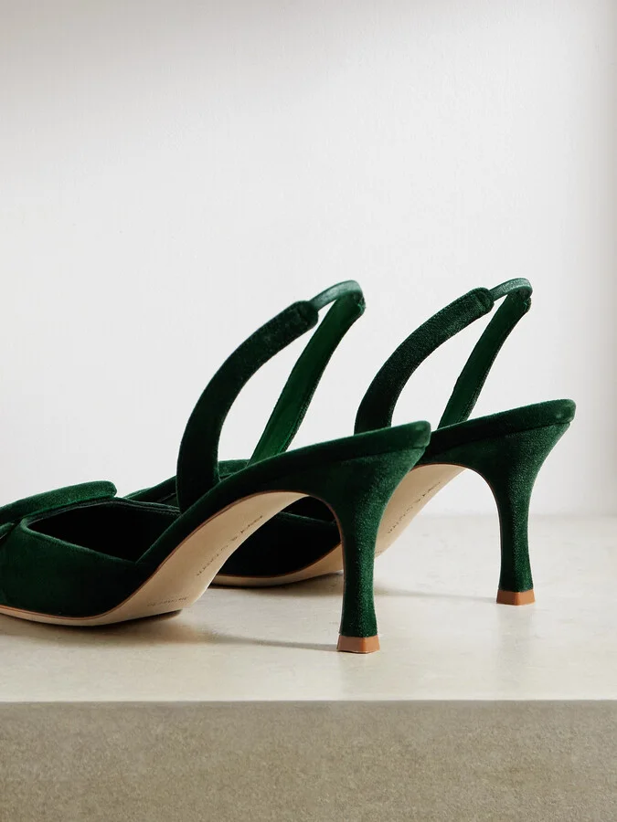 Manolo Blahnik - Maysli 70 Buckled Velvet Slingback Pumps - Green - Image 3