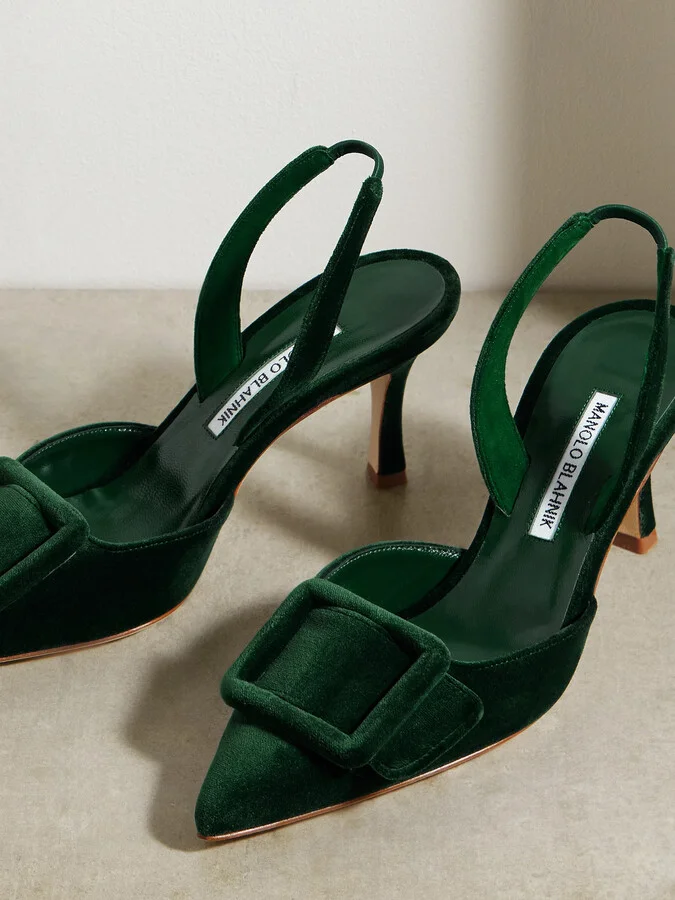 Manolo Blahnik - Maysli 70 Buckled Velvet Slingback Pumps - Green - Image 4