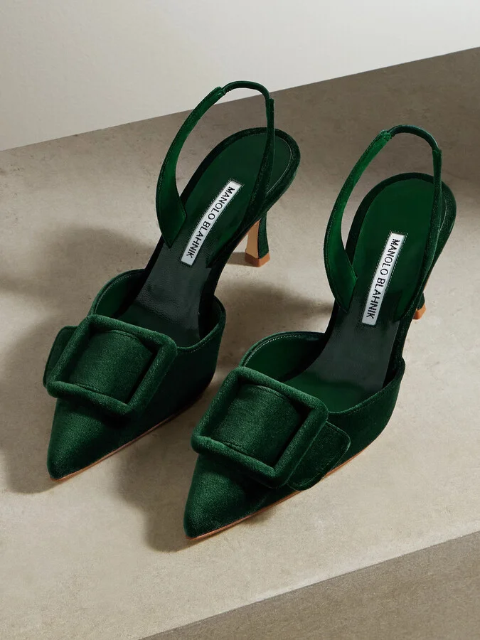 Manolo Blahnik - Maysli 70 Buckled Velvet Slingback Pumps - Green - Image 5