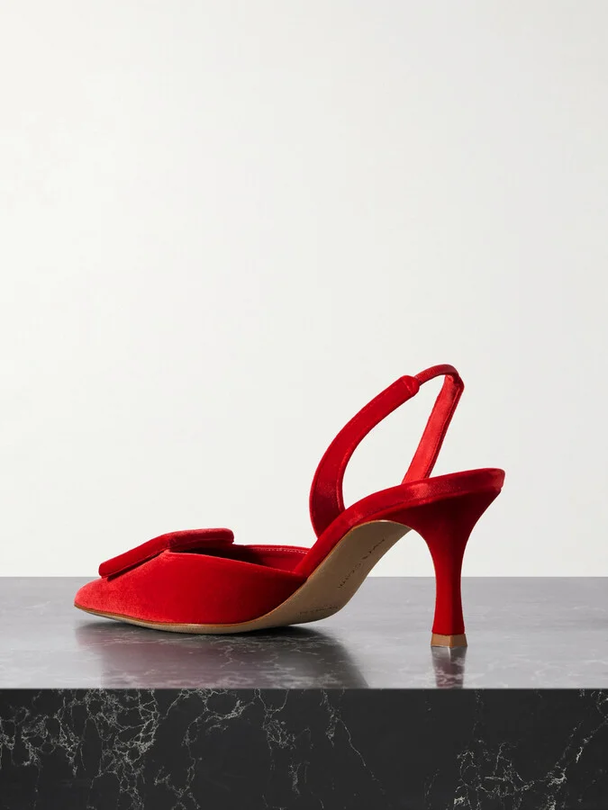 Manolo Blahnik - Maysli 70 Buckled Velvet Slingback Pumps - Red - Image 3