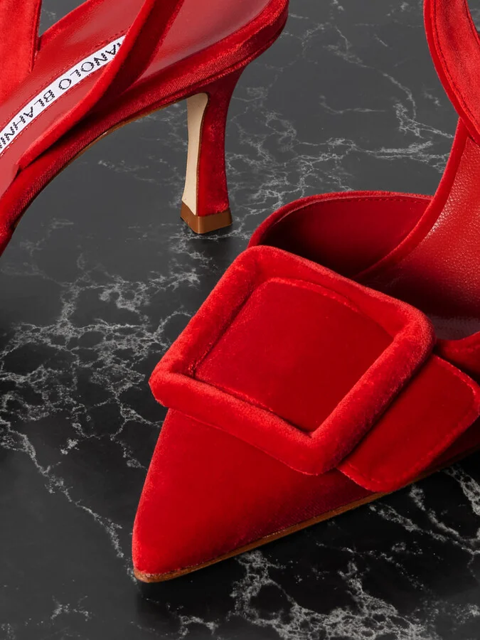 Manolo Blahnik - Maysli 70 Buckled Velvet Slingback Pumps - Red - Image 4