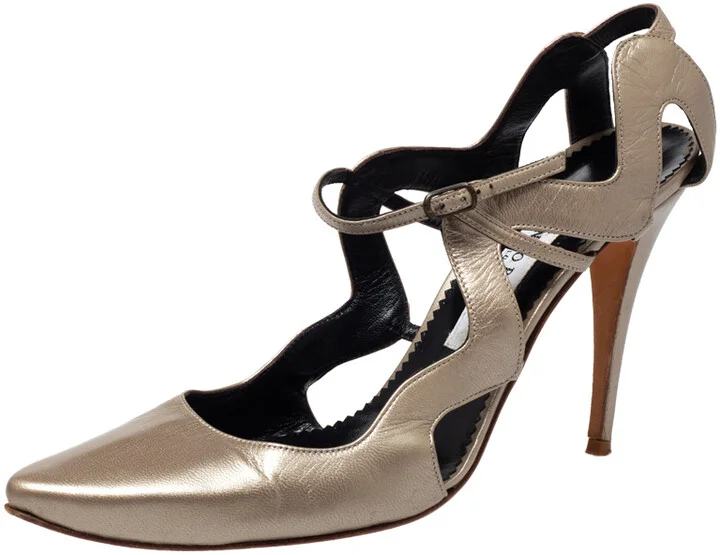 Manolo Blahnik Metallic Beige Leather Cutout Sandals Size 39.5
