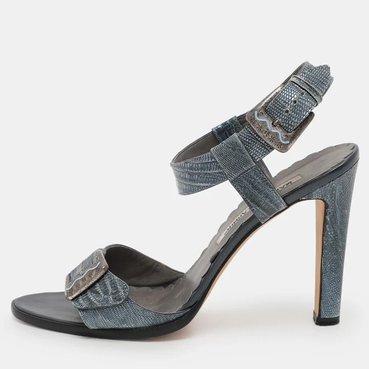Manolo Blahnik Metallic Blue Lizard Embossed Leather Ankle Strap Sandals Size 38.5