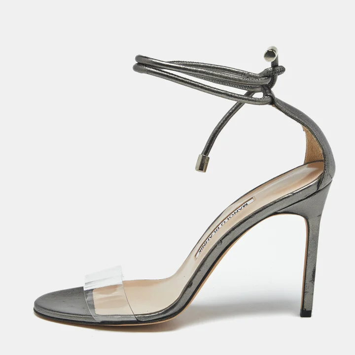 Manolo Blahnik Metallic Leather and PVC Estro Ankle Strap Sandals Size 39