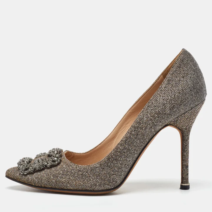 Manolo Blahnik Metallic Lurex Fabric Hangisi Crystal Embellished Pumps Size 38