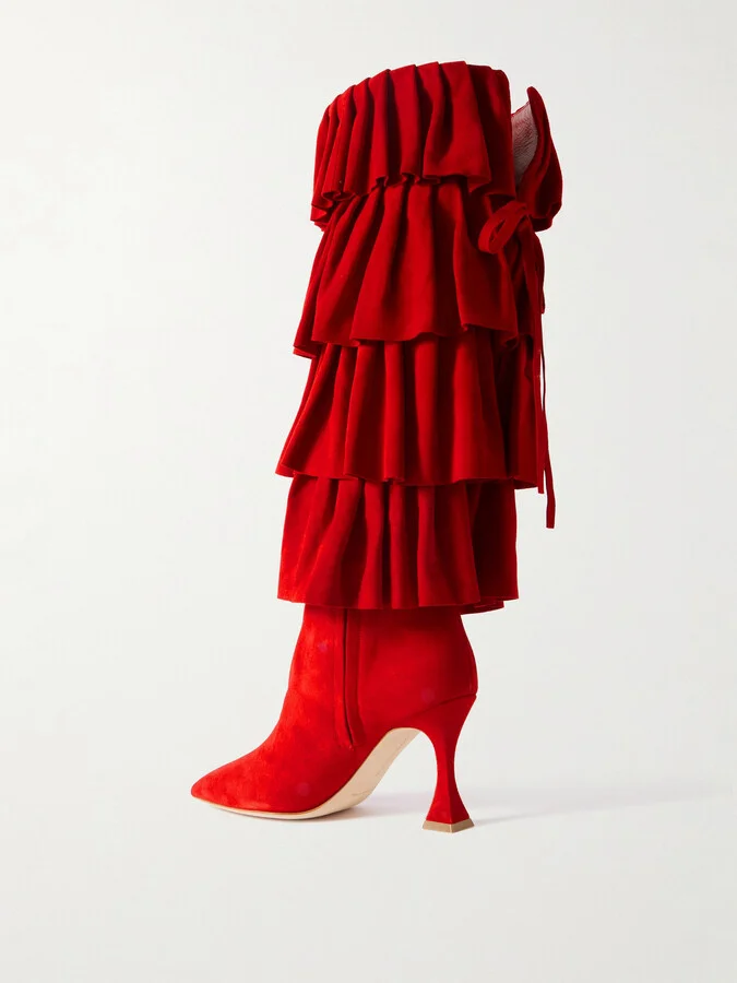 Manolo Blahnik - Mifalone 90 Tiered Ruffled Suede Knee Boots - IT36 - Image 3
