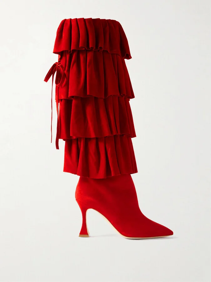 Manolo Blahnik - Mifalone 90 Tiered Ruffled Suede Knee Boots - IT36