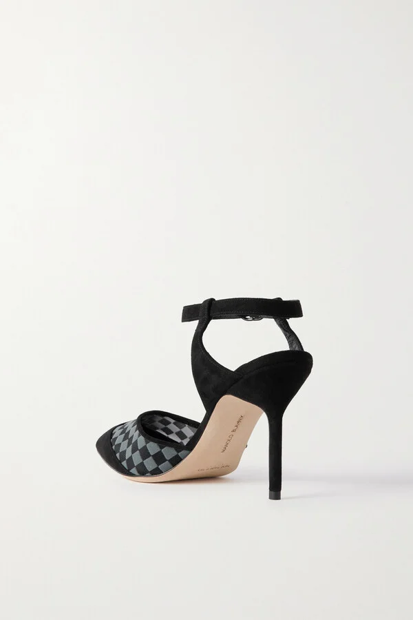 Manolo Blahnik - Mingonna 90 Suede And Flocked Mesh Pumps - Black - Image 3