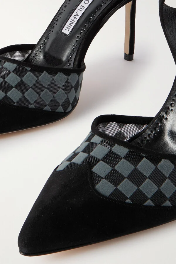 Manolo Blahnik - Mingonna 90 Suede And Flocked Mesh Pumps - Black - Image 4