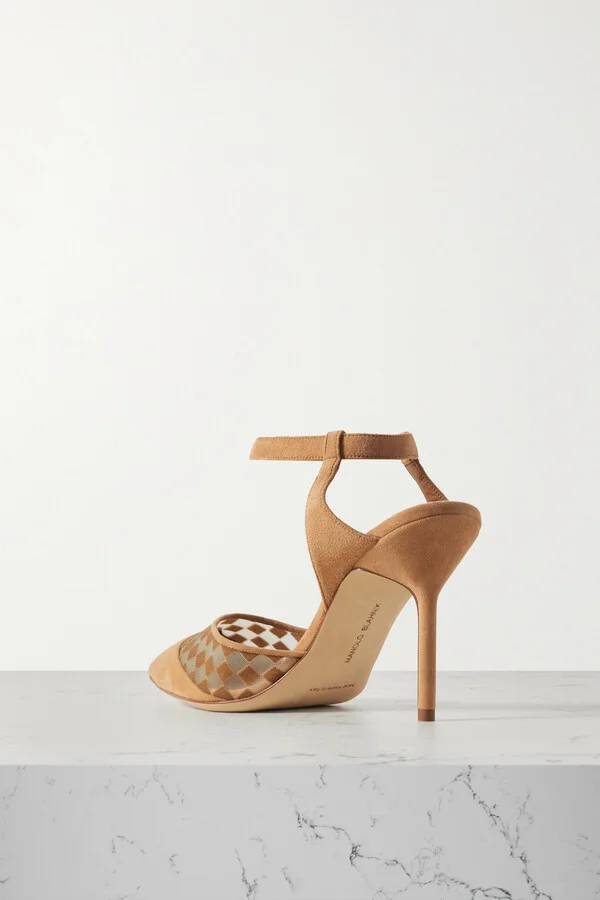 Manolo Blahnik - Mingonna 90 Suede And Flocked Mesh Pumps - Neutrals - Image 3