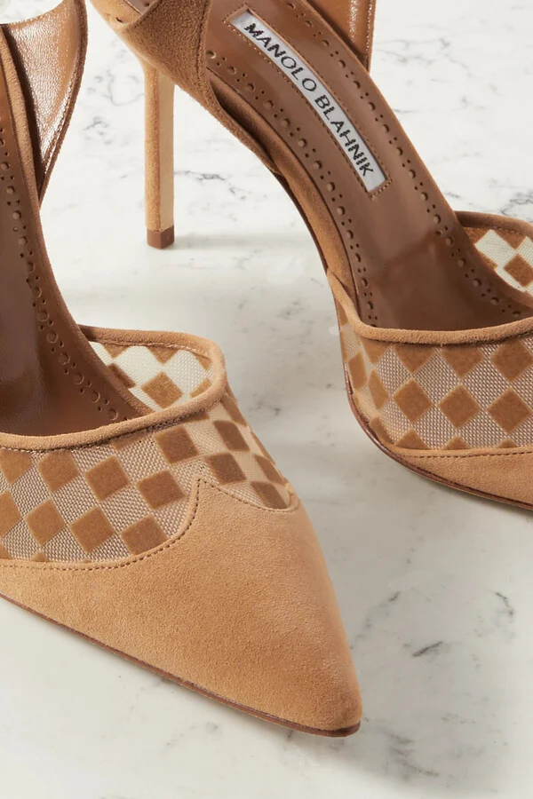 Manolo Blahnik - Mingonna 90 Suede And Flocked Mesh Pumps - Neutrals - Image 4