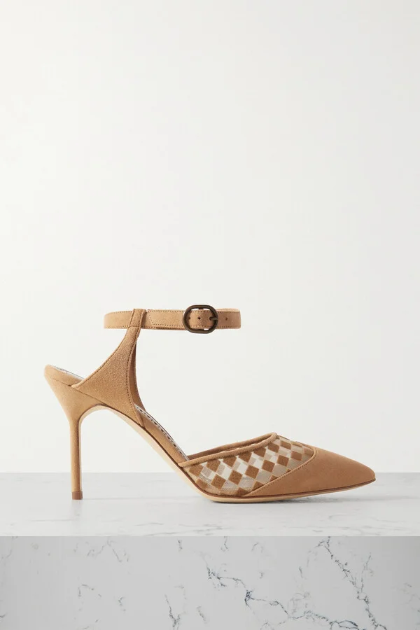 Manolo Blahnik - Mingonna 90 Suede And Flocked Mesh Pumps - Neutrals