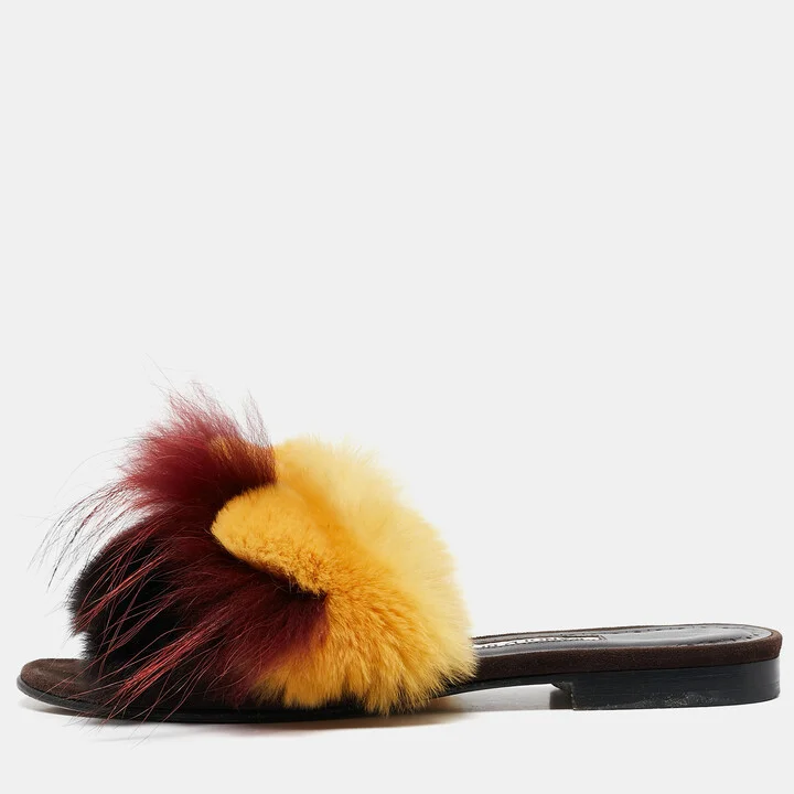 Manolo Blahnik Multicolor Mink Fur Slide Sandals Size 37