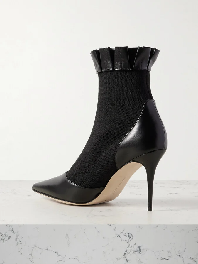 Manolo Blahnik - Nafar 90 Stretch-knit And Ruffled Leather Point-toe Ankle Boots - Black - Image 3