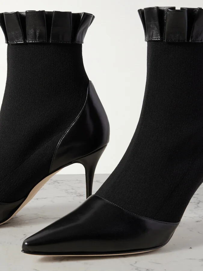 Manolo Blahnik - Nafar 90 Stretch-knit And Ruffled Leather Point-toe Ankle Boots - Black - Image 4