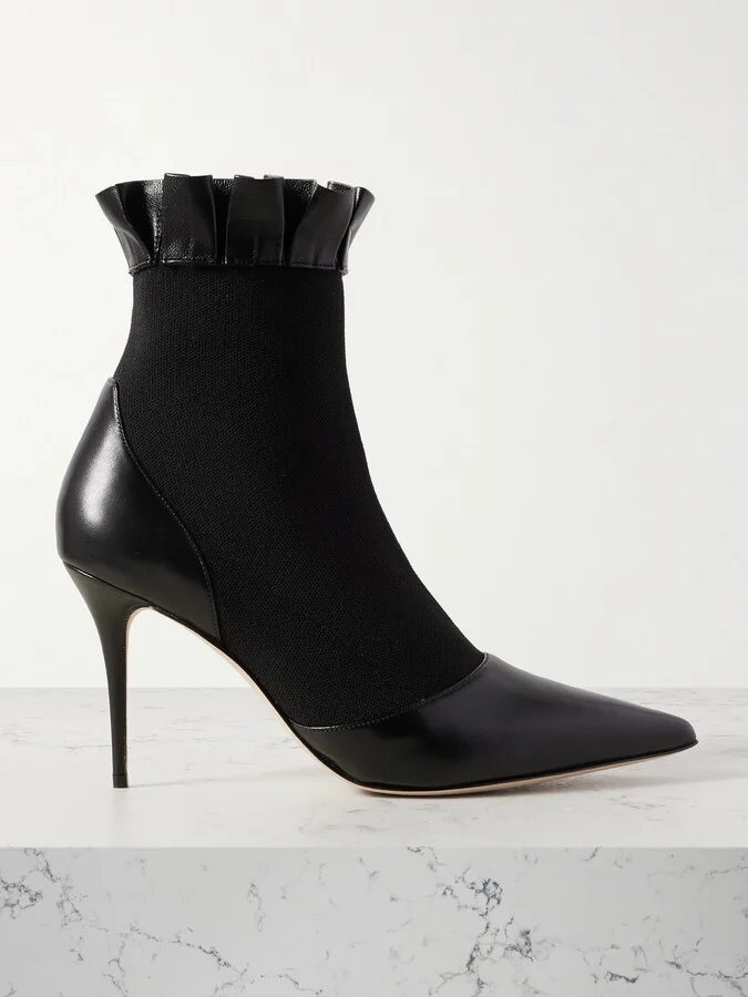 Manolo Blahnik - Nafar 90 Stretch-knit And Ruffled Leather Point-toe Ankle Boots - Black