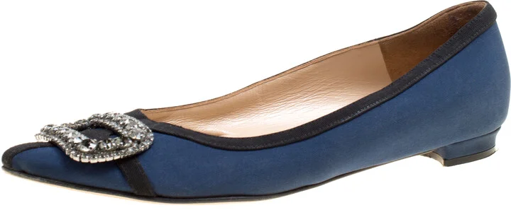 Manolo Blahnik Navy Blue Satin Gotrian Crystal Embellished Pointed Toe Flats Size 36.5