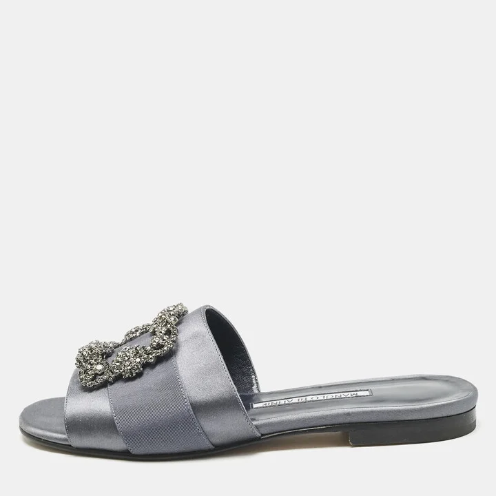 Manolo Blahnik Navy Blue Satin Martamod Flat Sandals Size 38