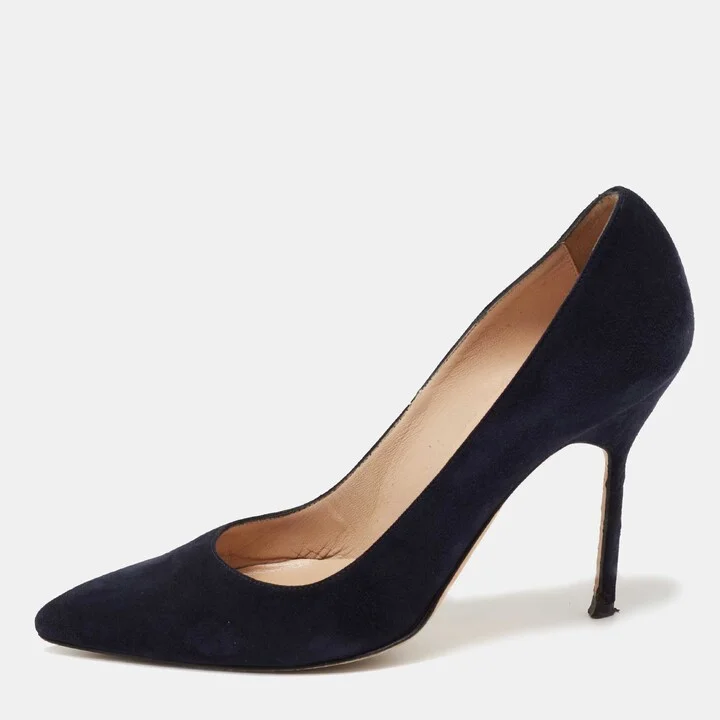 Manolo Blahnik Navy Blue Suede BB Pointed Toe Pumps Size 35.5