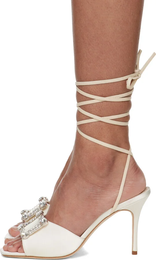 Manolo Blahnik Off-White Lanole Pop Fabio Satin Heels - Image 3