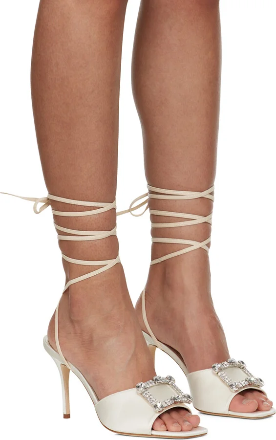 Manolo Blahnik Off-White Lanole Pop Fabio Satin Heels - Image 4