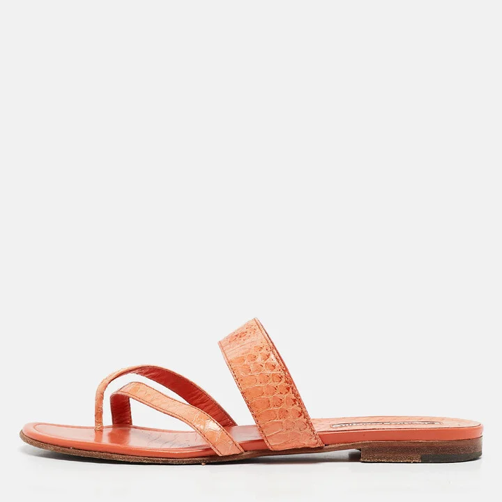 Manolo Blahnik Orange Python Leather Susa Flat Sandals Size 38