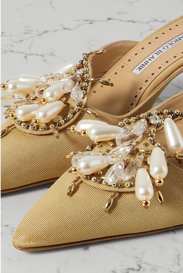 Manolo Blahnik - Orientalia 50 Embellished Grosgrain Mules - Gold - Image 4