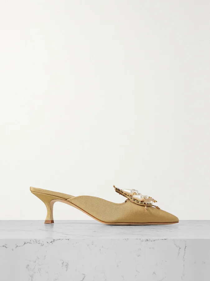 Manolo Blahnik - Orientalia 50 Embellished Grosgrain Mules - Gold
