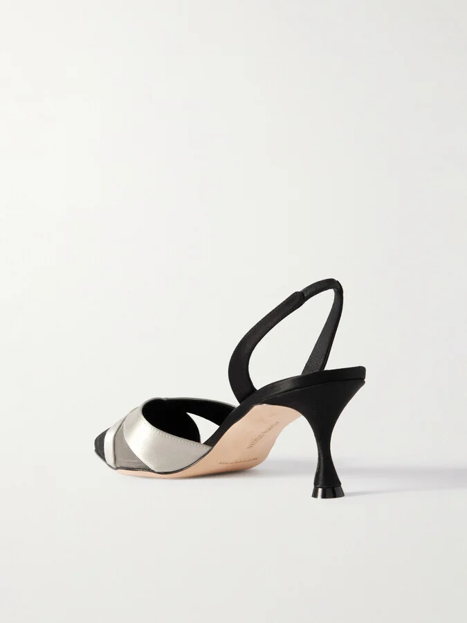 Manolo Blahnik - Oyounasli 50 Tulle-trimmed Satin Slingback Pumps - Black - Image 3