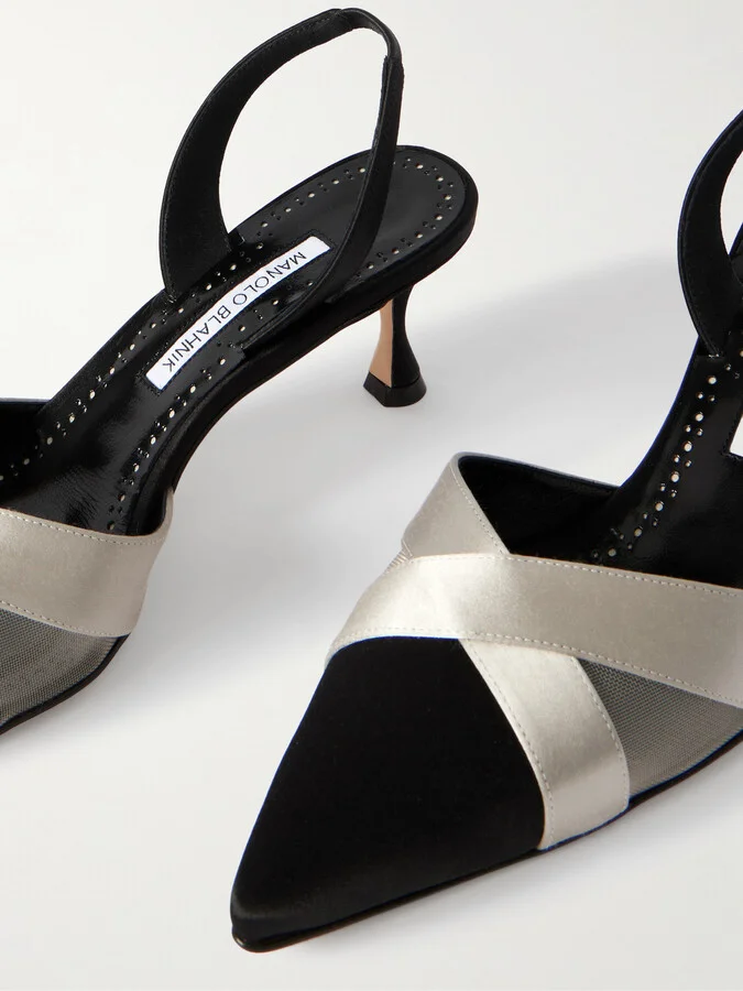 Manolo Blahnik - Oyounasli 50 Tulle-trimmed Satin Slingback Pumps - Black - Image 4