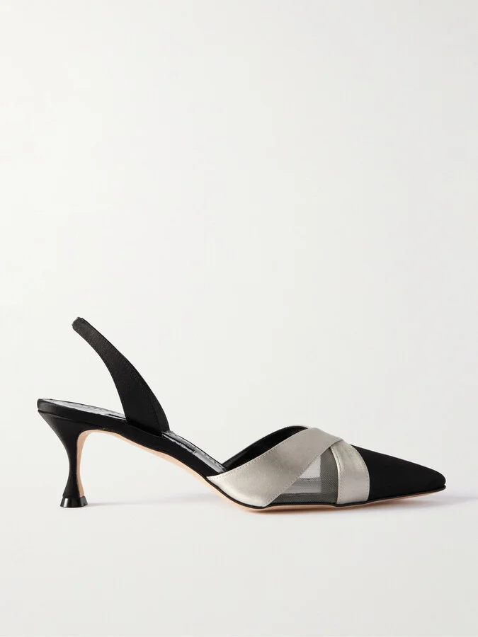 Manolo Blahnik - Oyounasli 50 Tulle-trimmed Satin Slingback Pumps - Black