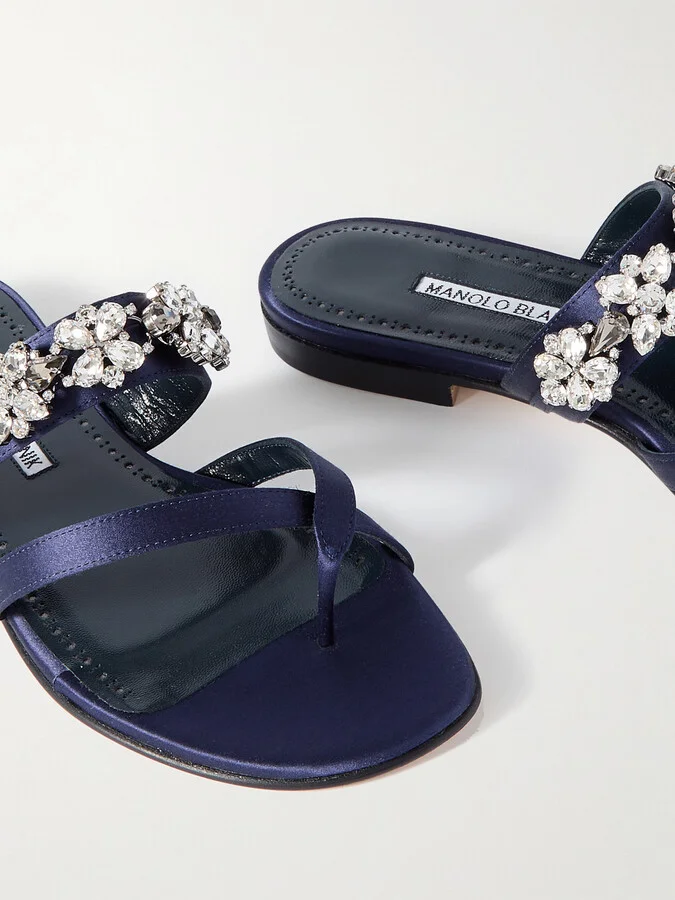 Manolo Blahnik - Perlusa Crystal-embellished Satin Sandals - Blue - Image 4