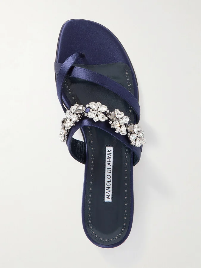 Manolo Blahnik - Perlusa Crystal-embellished Satin Sandals - Blue - Image 5
