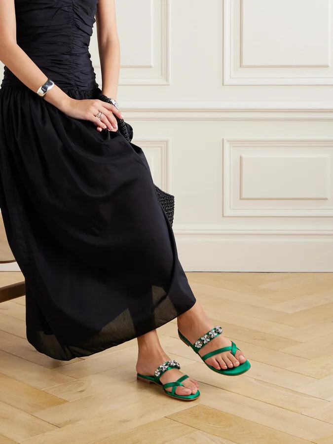 Manolo Blahnik - Perlusa Crystal-embellished Satin Sandals - Green - Image 2