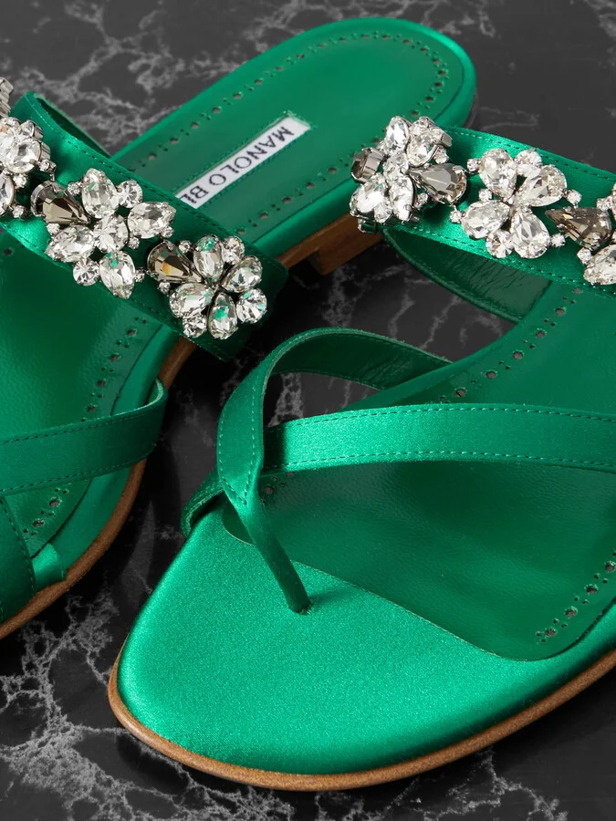 Manolo Blahnik - Perlusa Crystal-embellished Satin Sandals - Green - Image 4