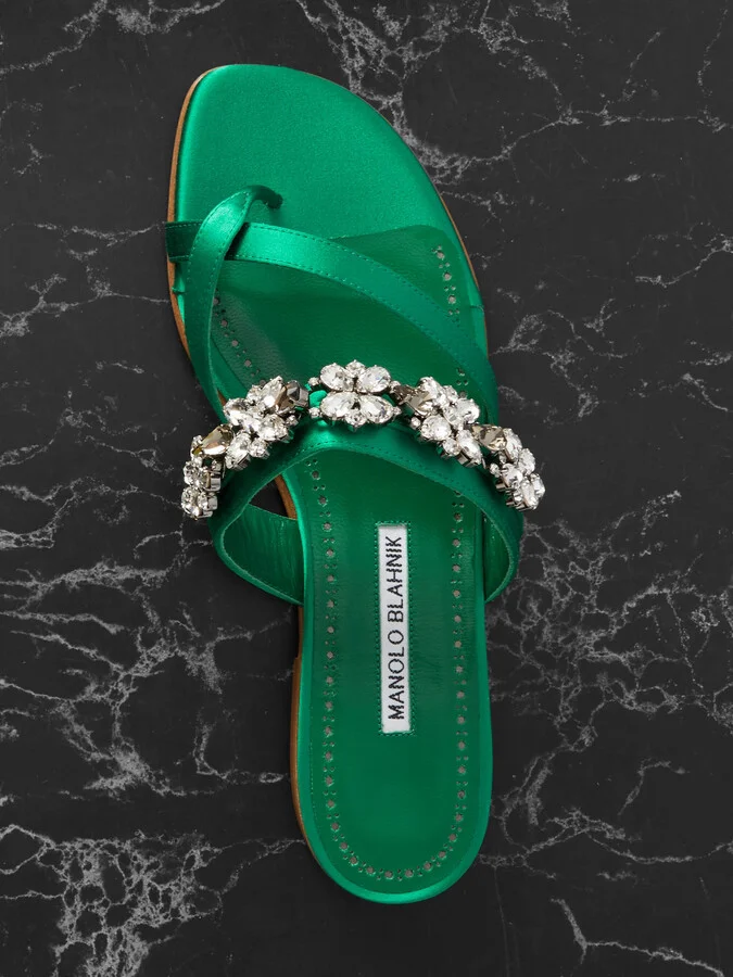 Manolo Blahnik - Perlusa Crystal-embellished Satin Sandals - Green - Image 5