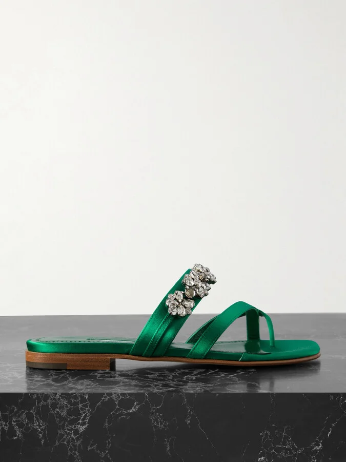 Manolo Blahnik - Perlusa Crystal-embellished Satin Sandals - Green