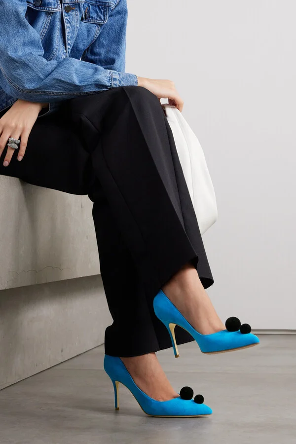 Manolo Blahnik - Piera 105 Pom Pom-embellished Suede Pumps - Blue - Image 2