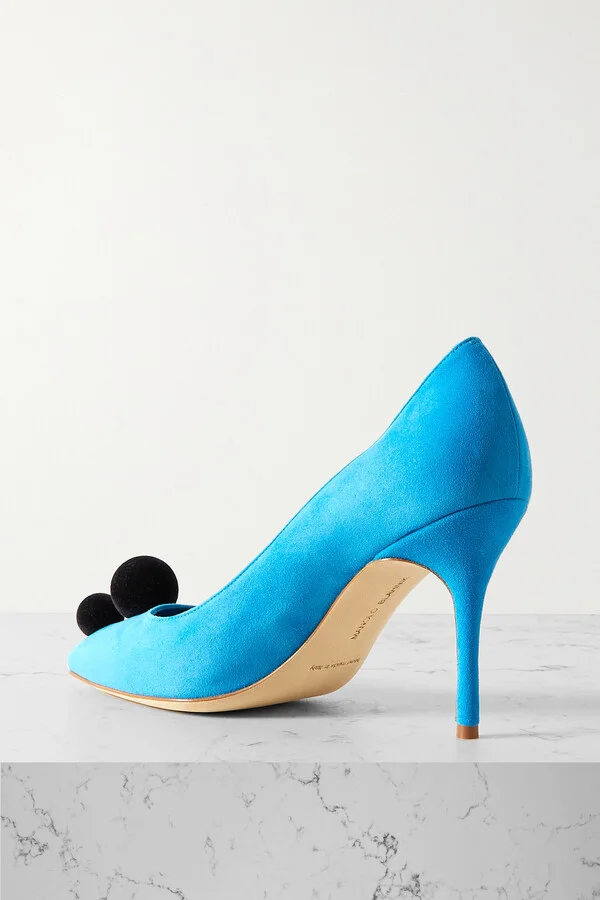 Manolo Blahnik - Piera 105 Pom Pom-embellished Suede Pumps - Blue - Image 3
