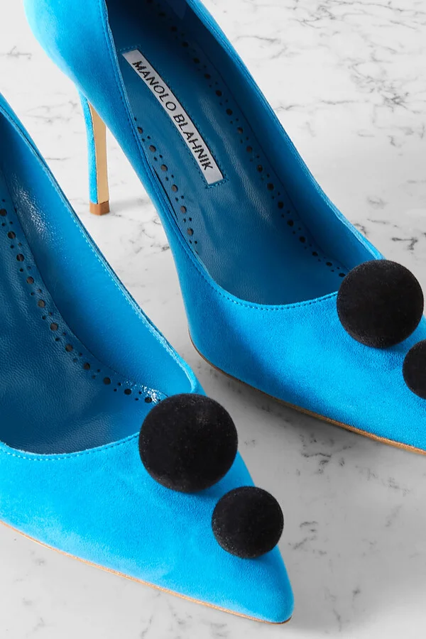 Manolo Blahnik - Piera 105 Pom Pom-embellished Suede Pumps - Blue - Image 4