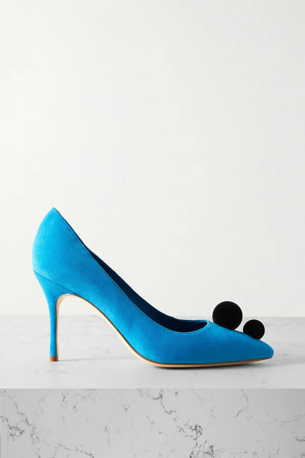 Manolo Blahnik - Piera 105 Pom Pom-embellished Suede Pumps - Blue