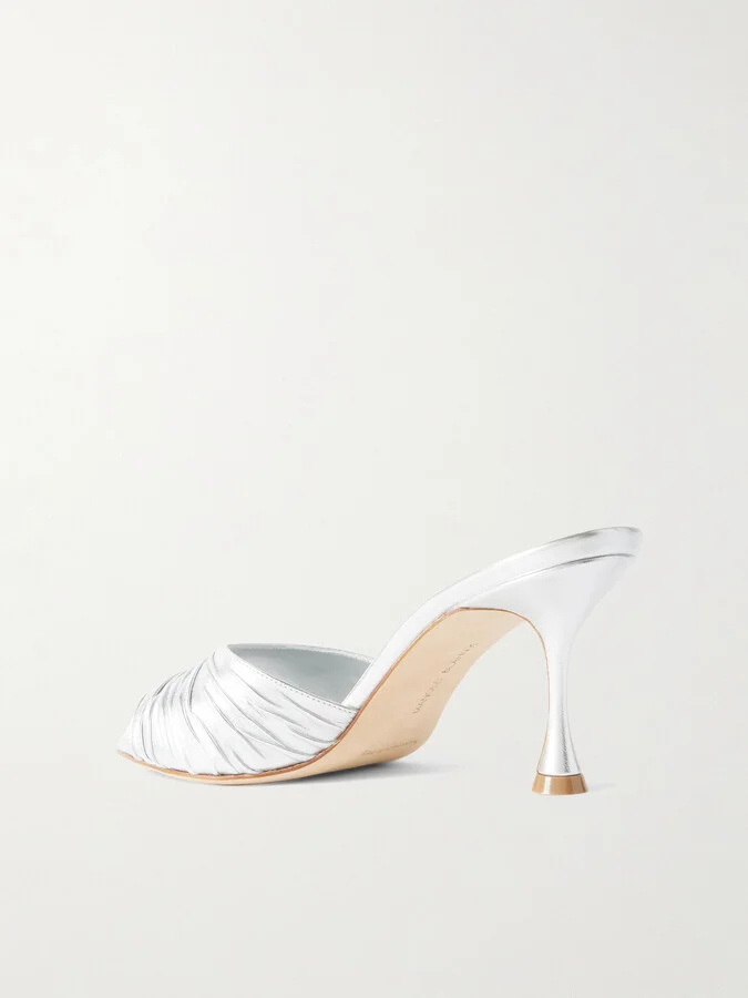 Manolo Blahnik - Pirua 70 Crinkled Metallic Leather Mules - Silver - Image 3
