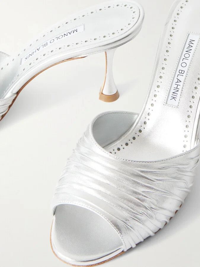 Manolo Blahnik - Pirua 70 Crinkled Metallic Leather Mules - Silver - Image 4