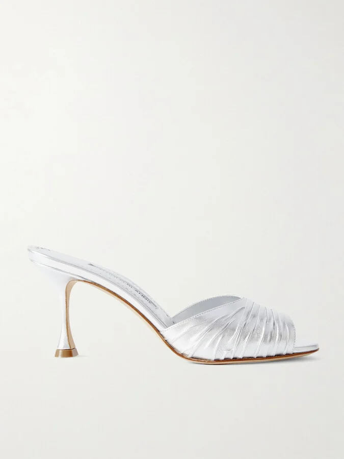 Manolo Blahnik - Pirua 70 Crinkled Metallic Leather Mules - Silver