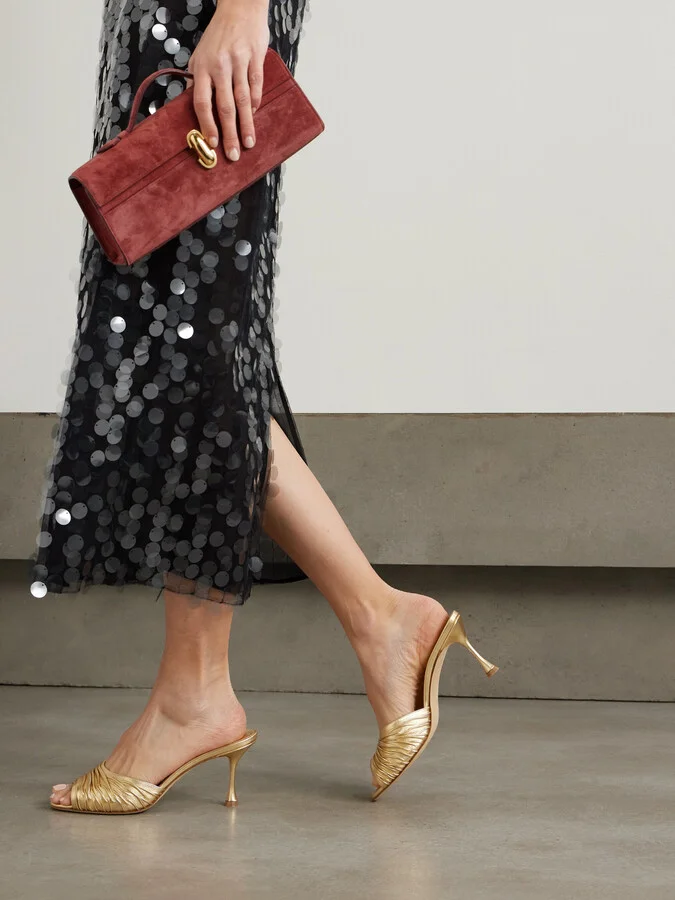 Manolo Blahnik - Pirua 70 Metallic Leather Mules - Gold - Image 2