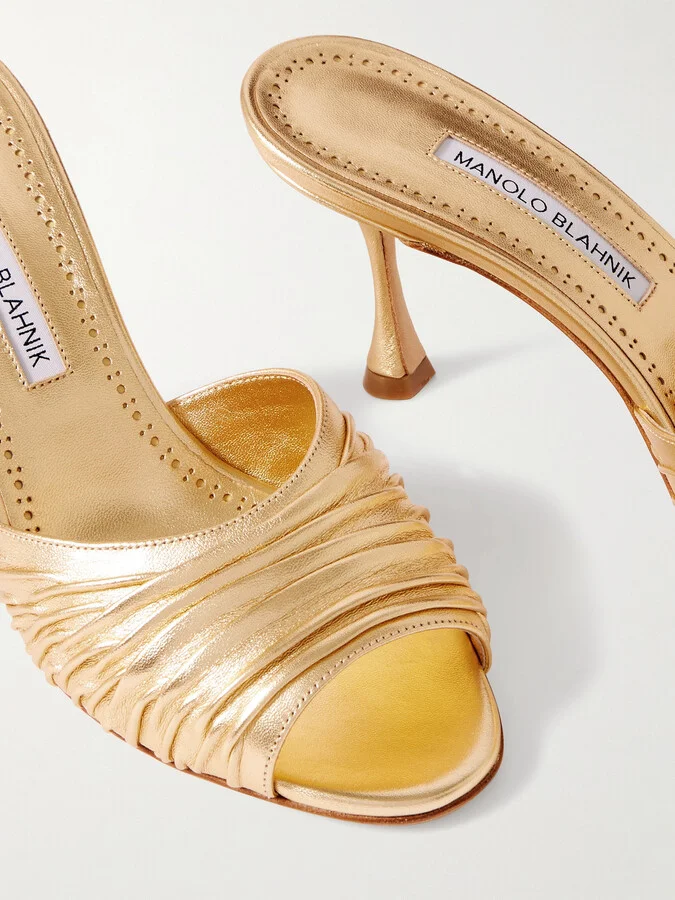 Manolo Blahnik - Pirua 70 Metallic Leather Mules - Gold - Image 4
