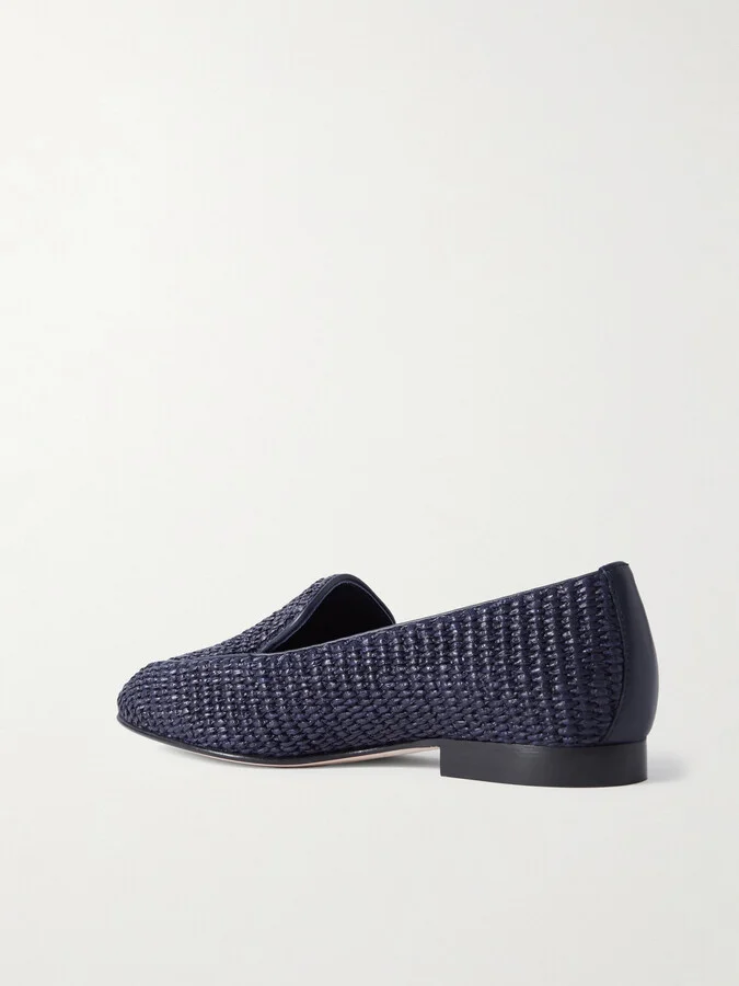 Manolo Blahnik - Pitakara Leather-trimmed Raffia Loafers - Blue - Image 3