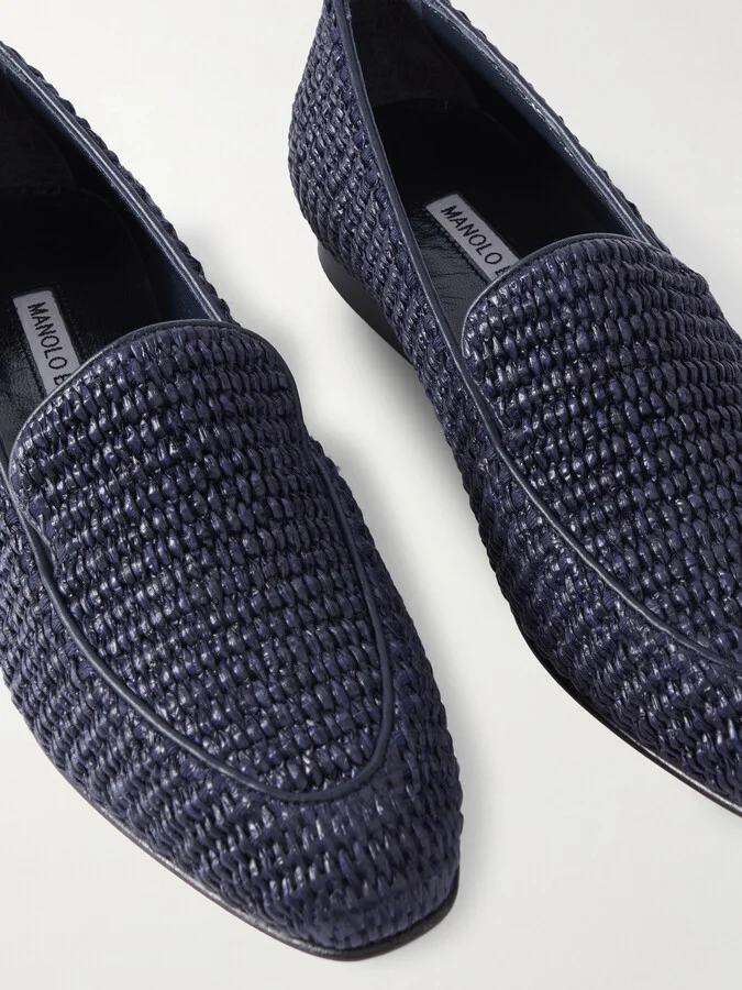 Manolo Blahnik - Pitakara Leather-trimmed Raffia Loafers - Blue - Image 4