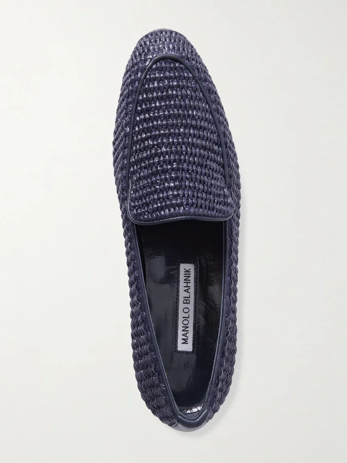 Manolo Blahnik - Pitakara Leather-trimmed Raffia Loafers - Blue - Image 5